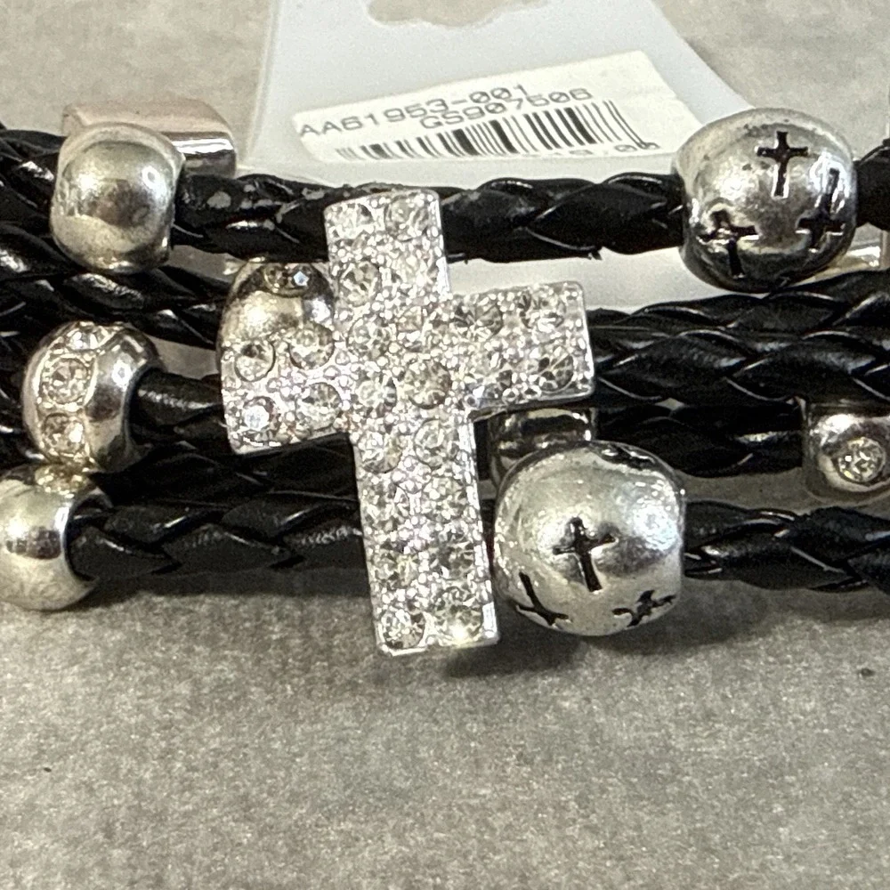 Tamina By Stella Faux Laether Corded Bracelet Silver Tone Cross White Rhinestone